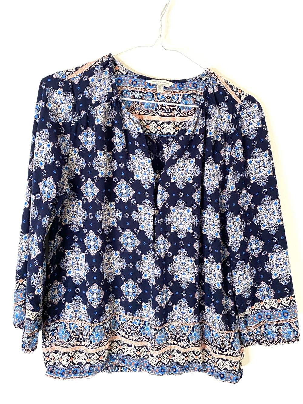 Lucky Brand Navy Blue Printed Boho Button Front Blouse Viscose